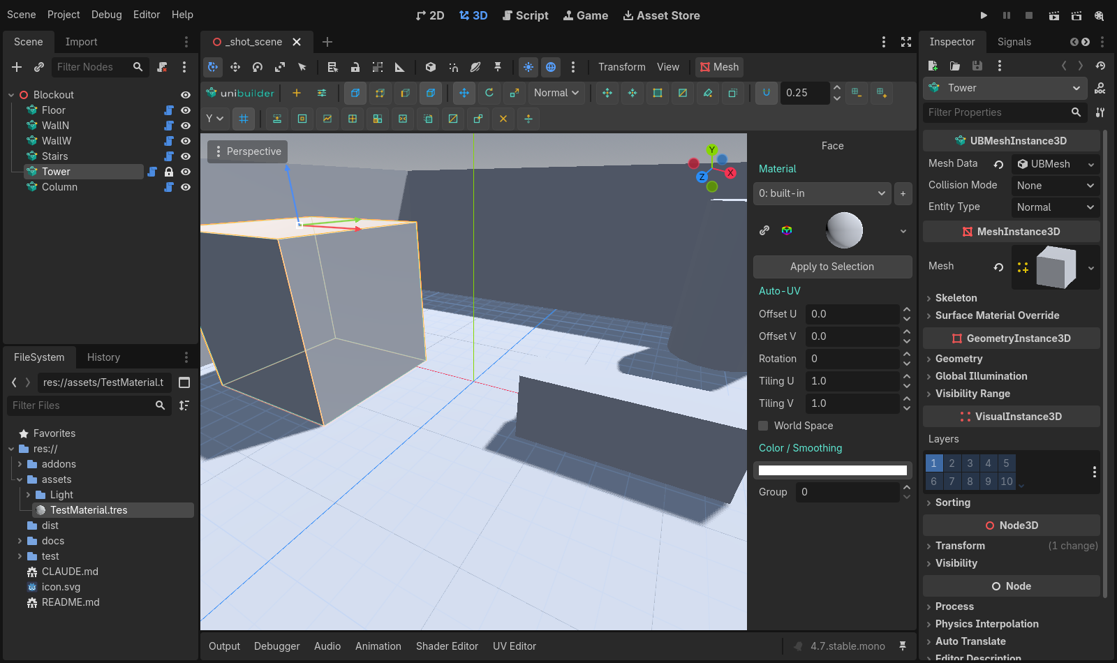 The Godot editor with Unibuilder active: a blockout scene, a face selected with the move gizmo, and the face panel on the right