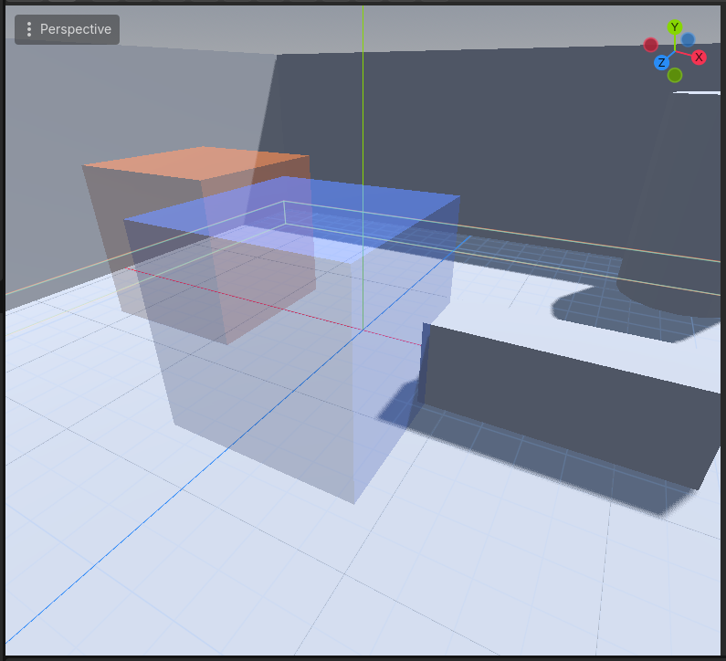 An orange collider volume and a blue trigger volume in the editor