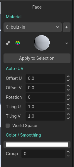 The face panel: material slots, auto-UV settings, color and smoothing